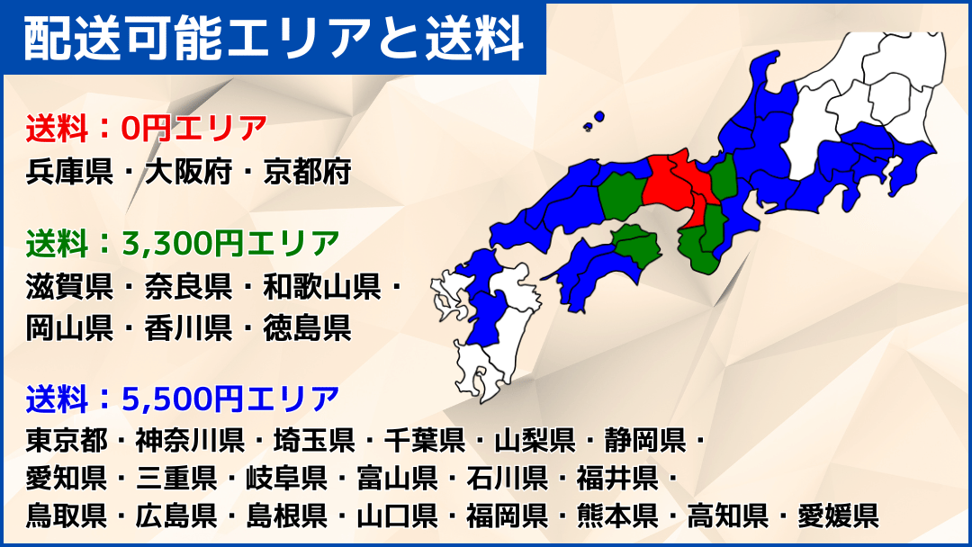 耐震机「護（まもる）」の配送可能エリアと送料です。
送料：0円エリア
兵庫県・大阪府・京都府
送料：3,300円エリア
滋賀県・奈良県・和歌山県・岡山県・香川県・徳島県
送料：5,500円エリア
東京都・神奈川県・埼玉県・千葉県・山梨県・静岡県・愛知県・三重県・岐阜県・富山県・石川県・福井県・鳥取県・広島県・島根県・山口県・福岡県・熊本県・高知県・愛媛県